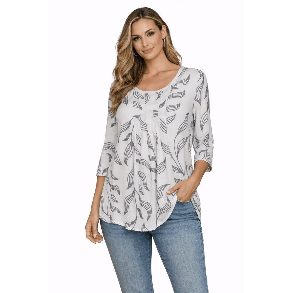Bon Apple Tea Women's White & Gray 3/4 Leaf Printed Top M